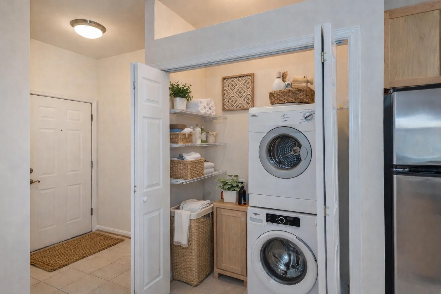 Laundry closet with stacked washer and dryer, shelves with towels, baskets, and laundry supplies.