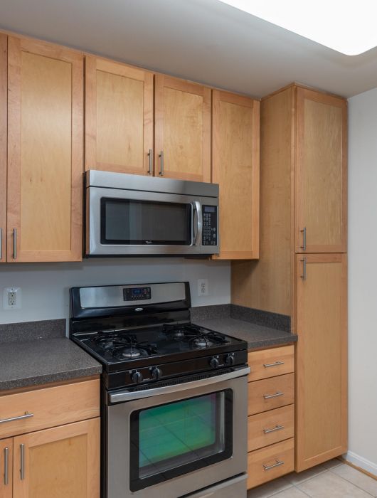 Modern kitchen with wood cabinets, stainless steel appliances, and a black countertop.