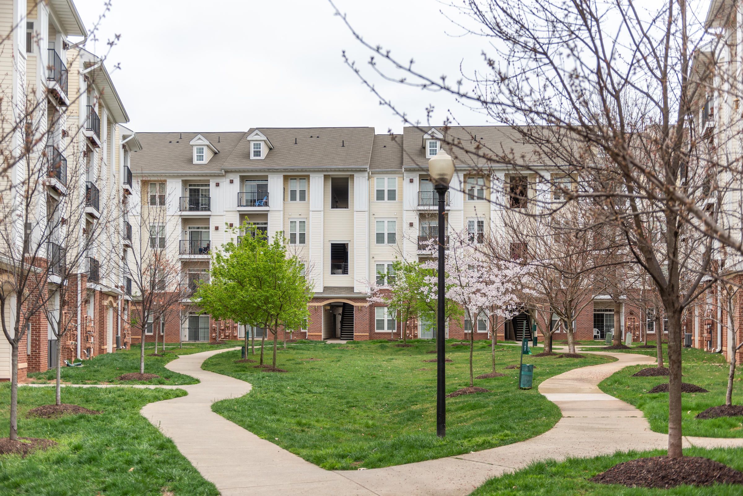 Curved sidewalks in a grassy courtyard with trees, surrounded by multi-story apartment buildings.