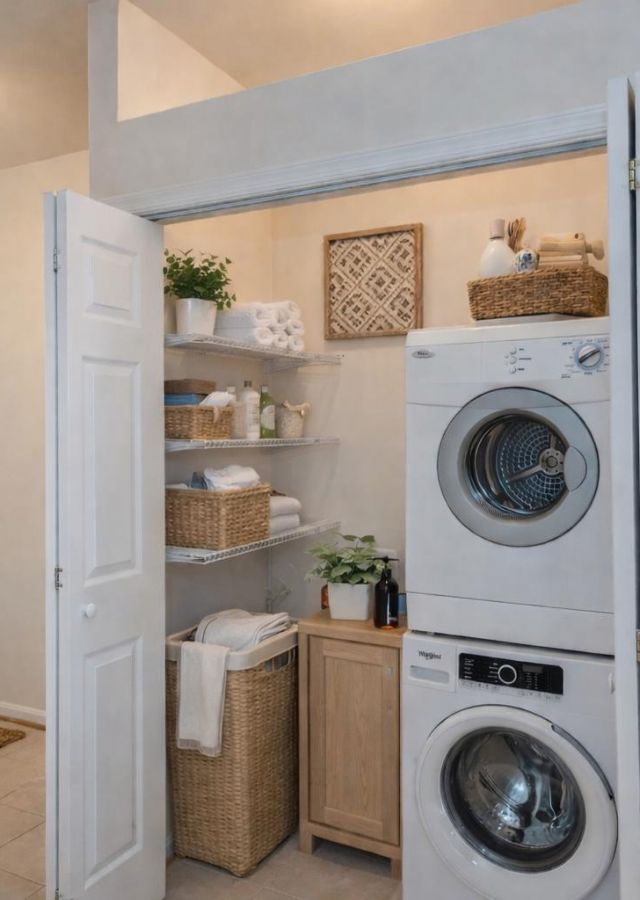 Laundry closet with stacked washer and dryer, shelves with towels, baskets, and laundry supplies.